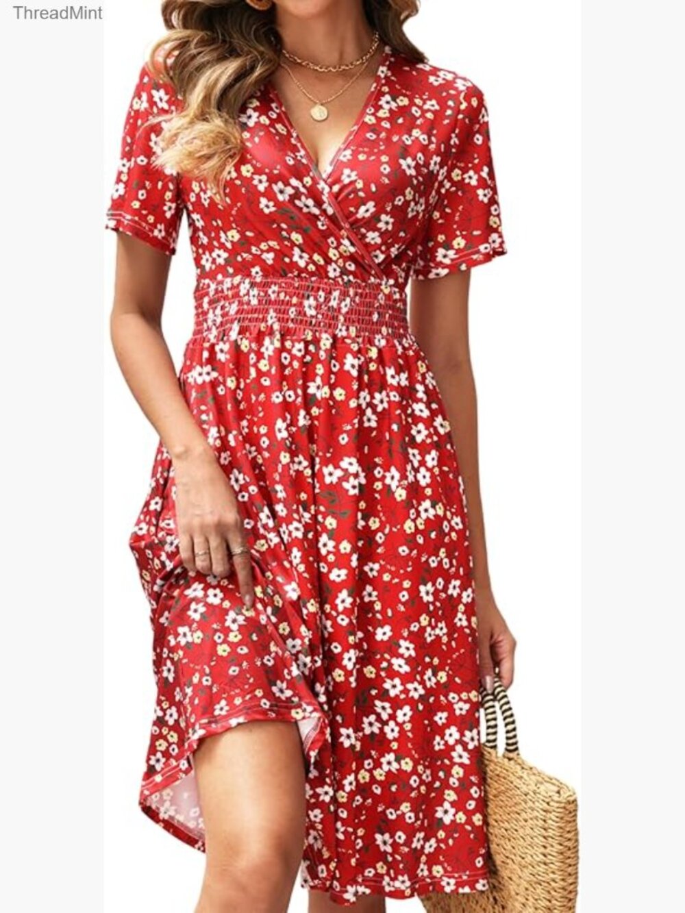 Short Sleeve V Neck Wrap Floral Midi Dress with Pockets